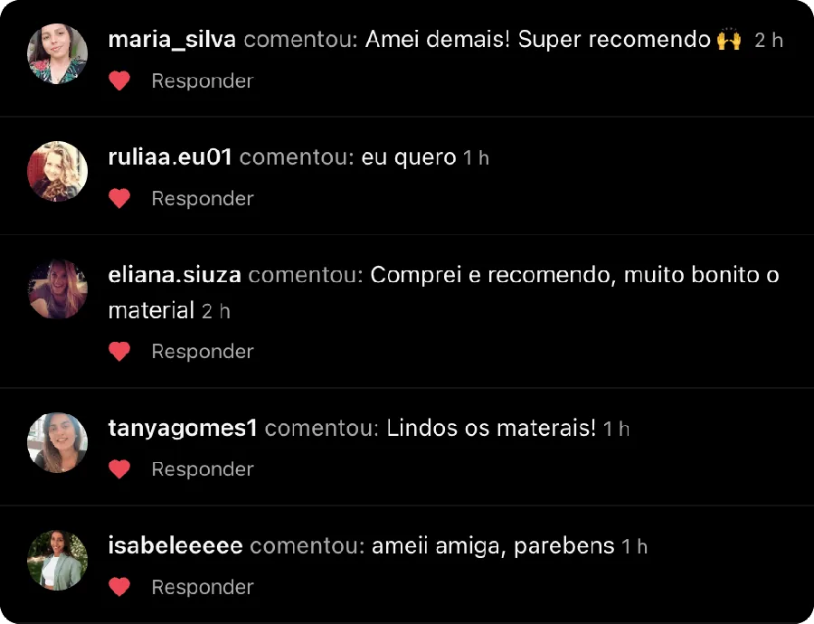 Comentários no Instagram elogiando e recomendando o material
