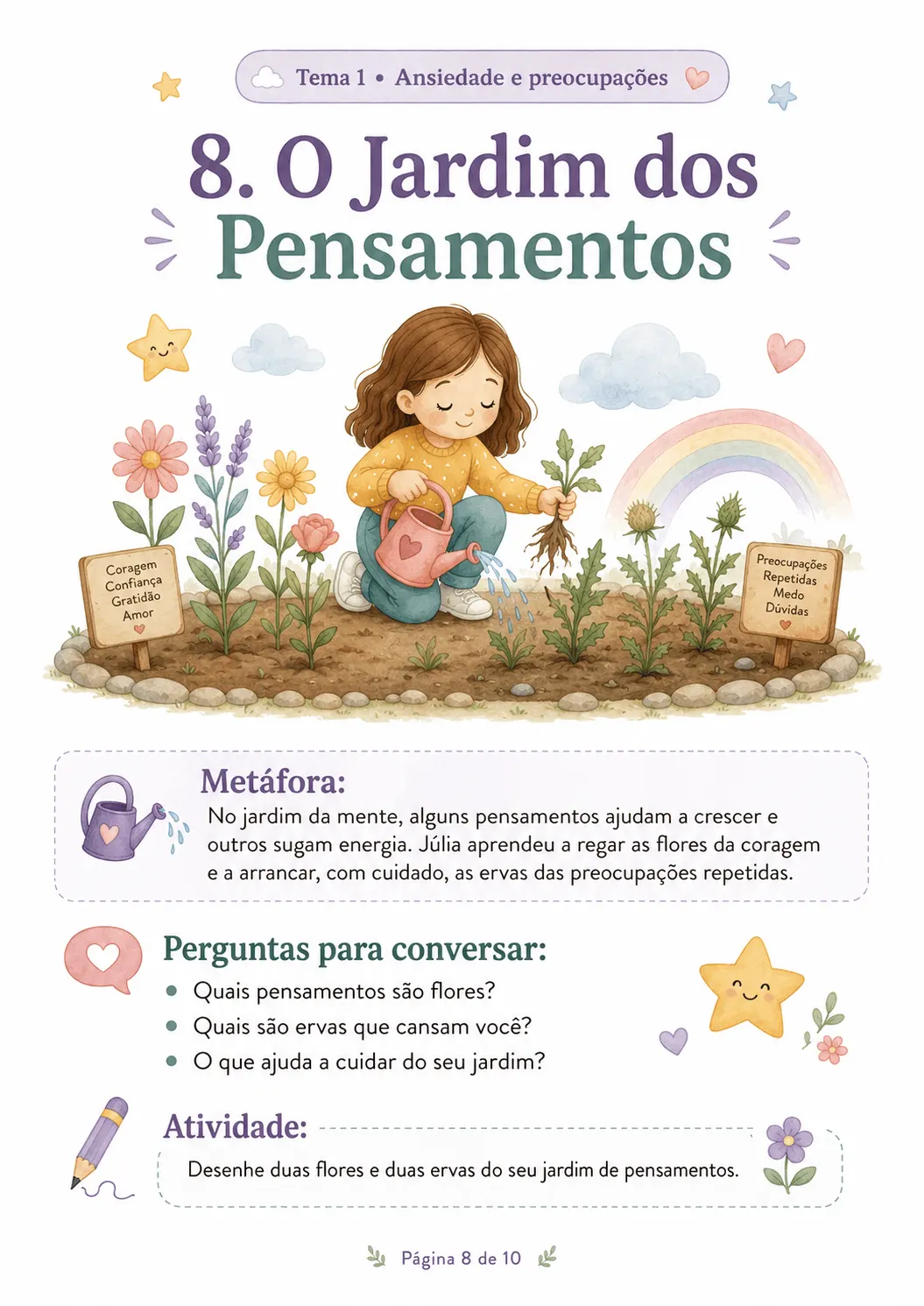 Página 8: O Jardim dos Pensamentos, com metáfora, perguntas e atividade