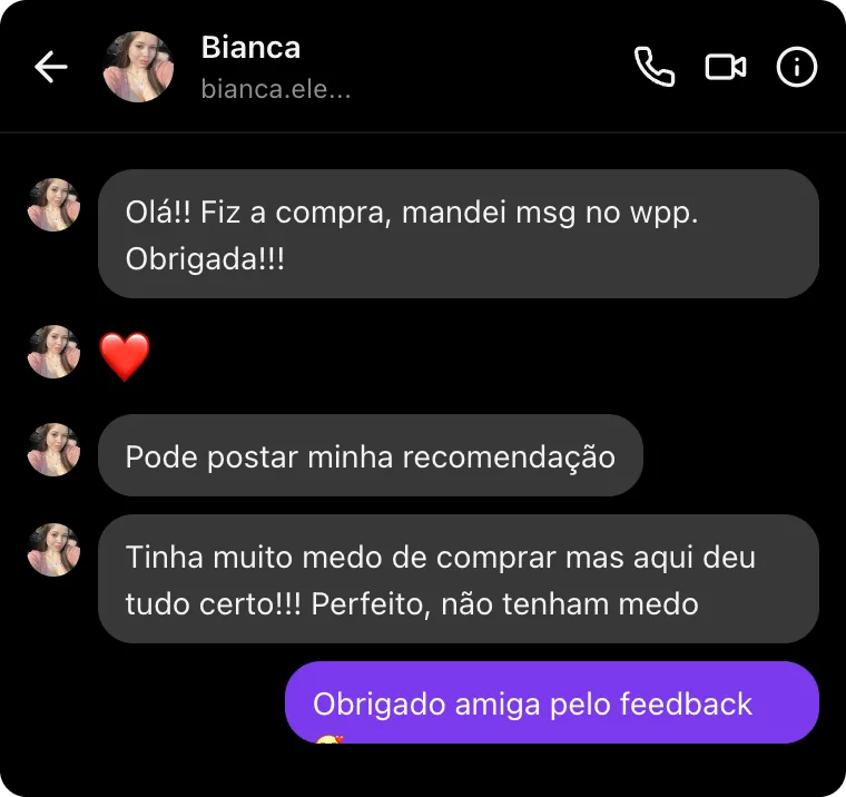 Mensagem no Instagram: cliente diz que tinha medo de comprar e deu tudo certo