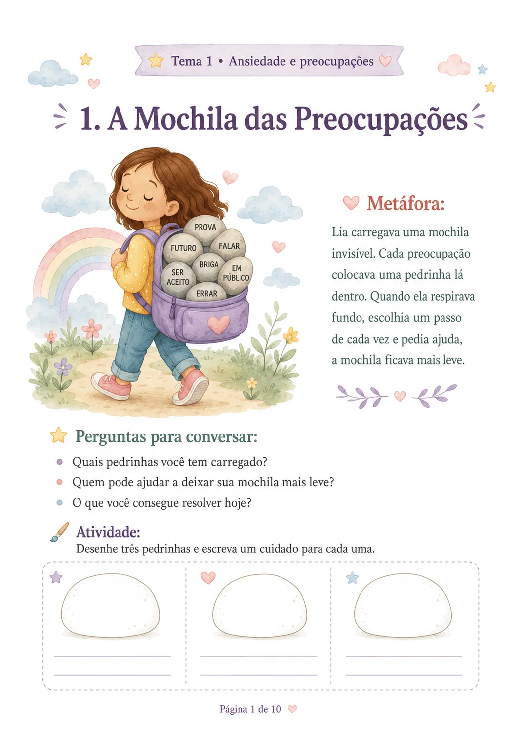 Página 1: A Mochila das Preocupações, com metáfora, perguntas e atividade