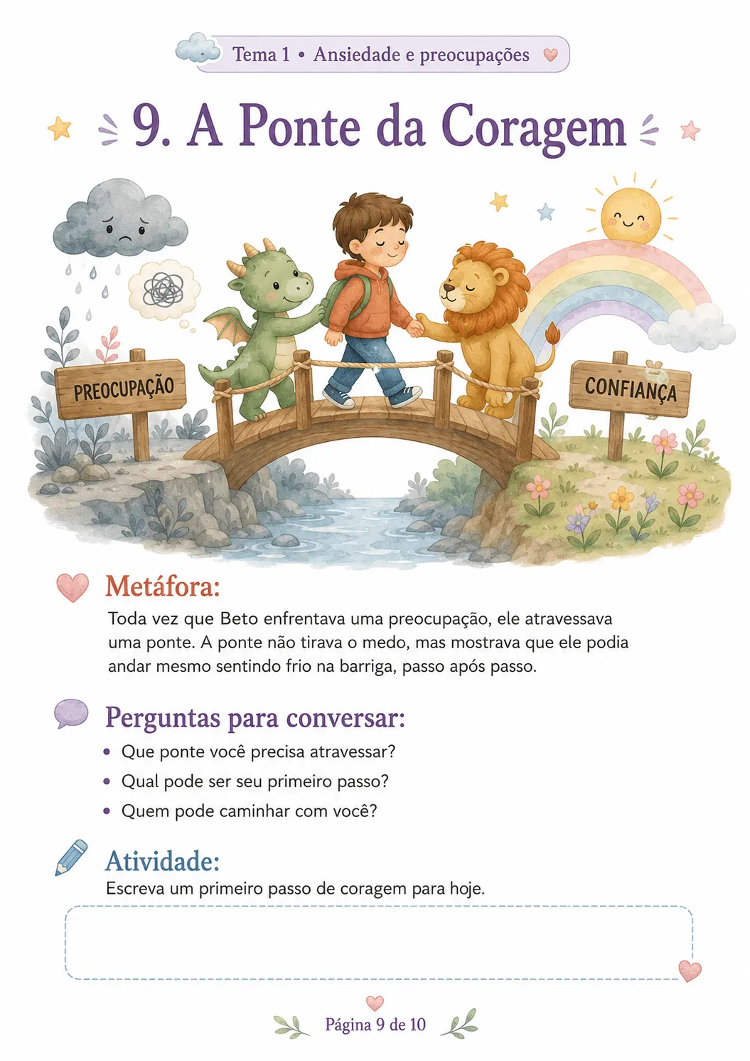 Página 9: A Ponte da Coragem, com metáfora, perguntas e atividade