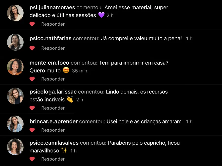 Comentários de psicólogas elogiando o material e o uso nas sessões