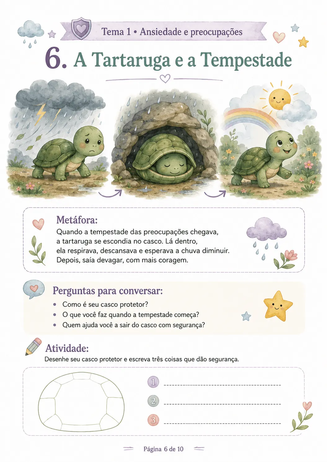 Página 6: A Tartaruga e a Tempestade, com metáfora, perguntas e atividade